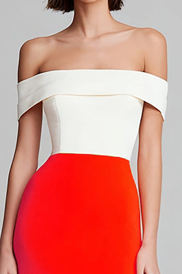 Ivory and Orange Off the Shoulder Sheath Midi Formal Dress